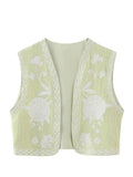 Floral Embroidered Women's Short Waistcoat Chic V Neck Sleeveless Cropped Cardigan 2024 Summer Female Party Fashion Tops-Outfit