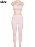 Kliou Sporty Solid Two Piece Set Women Skinny Inclined Shoulder Hole Cleavage Tank Tops+ Concise Stretchy Pants Workout