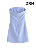 Women Fashion Strapless Pleated Mini Dress Sexy Straight Neck Back Zipper Female Dresses Vestidos Mujer-Outfit