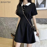Sleeve Dress Women Ins Empire Simple Black Basic Summer Trendy Preppy Girls Clothing Leisure A-line Mujer Vestido