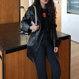 Casual Pu Coat For Women Notched Loose Long Sleeve Single Breasted Patchwork Pockets Coats Female 2021 Autumn