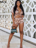 Kliou Camouflage Print Two Piece Set Women Summer Hot Beach Notched Sexy Cleavage Female Tops+Casual Lace Up Silky Skinny