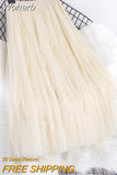 Women Beaded Petal Mid-length Ruffles Mesh Pleated Skirts Elegant High-waisted Fairy A-line Long Tulle Skirts QT1682-Outfit