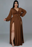 Romantic V-neck Full Sleeves Solid Slit Maxi Plus Size Long