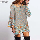 Bohemian Printed Mini Dress Women Casual Summer Long Sleeve Dresses 2022 Loose Kaftan Robe Floral Sundress