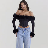 Woherb Women's Fall Sexy Waist Fishbone One Word Collar Fluffy Hot Girl Tight Long Sleeve Top Female-Outfit