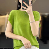 Woherb Line Of Clothing Worsted Short Sleeve Female Round Collar Loose Thin Bat Sleeve Vest Shirt Hollow Out Outside The Hair-Outfit