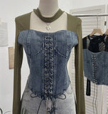 Hollow Hanging Neck Cowboy Splicing Mesh Strap With Irregular Long-Sleeved T-Shirt Short Top