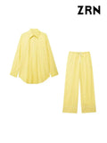 Women Fashion Oversized Striped Shirts And Mid Elastic Waist With Drawstring Pants Female Two Piece Sets Mujer-Outfit