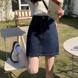 Korean Style Denim Mini Skirts for Women Summer 2024 Dark Blue Short A Line Skirt Woman Jeans High Waist Skirts Female-Outfit