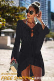 Out Knitted Cover Up Women Spring Summer Beach Sexy Loose Cover-up Solid Color Long Sleeve Fashion Casual Mini Dress-Outfit