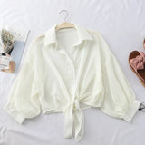 2021 Summer Half Sleeve Buttoned Up Shirt Loose Casual Blouse Chiffon Shirts Women Tied Waist Elegant Blouses for