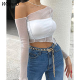 Summer Women Clothes Navel-less See-through Sloping Shoulder Street Hot Splicing Y2k Slim T-shirt Long Sleeve Dress Solid-Outfit