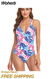 New One Piece Swimsuit Women Solid V Neck Swimwear Female Halter Monokini Bodysuit Backless Swim Beachwear Bathing Suit-Outfit