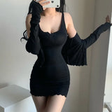 and Autumn Slim Cardigan Dress Set Two-piece Women's Gray Short Long Sleeve Cardigan Tight Stretch Sexy Mini Dress Set