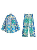 2023 Women Summer 2-Pieces Sets Vintage Print Poplin Shirts Tops and Trousers Female Elegant Street Two Suits Clothing-Outfit