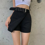 High Waist Summer Women Shorts Fashion Belt Irregular Korean Black Cotton Casual Office Ladies Designed Shorts New