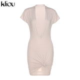 Kliou Solid Sexy Mini Dress Women Hipster Bundled Ball Sheath Short Sleeve Low V-Neck Shaped Waist Hot Streetwear Female