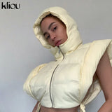 Kliou Side Hollow Out Women Cotton Jacket Unique Irregular Shape Bandage High Street Top Autumn Sleeveless Zipper Hooded