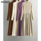 Women's Turtleneck Knitted Dress Fall Winter Casual Basic Warm A-line Sweater Dresses Korean Slim Mid-length Vestidos With Coats-Outfit