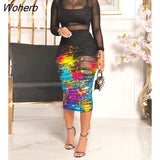Summer Women 3PCS Crop Top & Shorts Set With Ink Splash Sheer Mesh Bodycon Dress 2022 Sexy Lady Three Piece Dress Set-Outfit