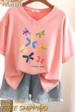 100% Cotton L-5XL T Shirt Plus Size Tshirt Short Sleeve Cartoon Women Top Summer Sweet Couple V Neck Oversized T Shirts-Outfit