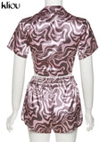 Kliou Camouflage Print Two Piece Set Women Summer Hot Beach Notched Sexy Cleavage Female Tops+Casual Lace Up Silky Skinny