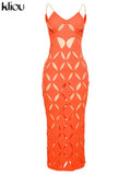 Kliou Unique Style Geometric Maxi Dress Women Elegant Spaghetti Strap Cleavage Backless Hollow Out Robe High Street Lady