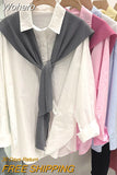 Women Fake Two-piece Shirt KPOP Fashion Style Oversize Casual Shirts Lapel Buttons Asymmetrical Solid Long Sleeve Blouse-Outfit