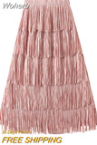 Women Tassel Splicing Pleated Skirt Elegant Elastic Waist All Match A-line Long Skirt For Spring Summer QT2140-Outfit