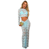 Mesh See Through Summer Women 2 Piece Set Long Sleeve Crop Top+ Ruched Long Wrap Skirt Two Piece Sets Summer Beach Wear-Outfit