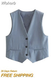 2023 Women Summer Vests Coats Casual Solid V-Neck Sleeveless Single Breasted Female ELegant Sweet Waistcoat Clothing-Outfit