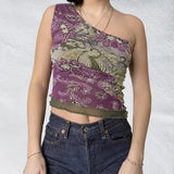 Vintage Chinese Style Print Crop Top Asymmetric Slim Fit One Shoulder Vests E-girl Aesthetic Fashion Women Summer Tank
