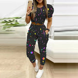 Women Fashion Casual Two-Piece Set Suits Set Female Spring Summer Clothes Short Sleeve Top &Striped Star Drawstring Pants