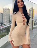Sexy O-Neck Full Sleeves Solid Hollow Out Bodycon