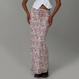 Women's Bodycon Long Skirt Y2k Vintage Slim Lace Trim Floral Print Drawstring Skirt for Summer Elegant Boho Outfits-Outfit