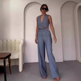Woherb New Summer Cross Slim Sleeveless Vest High Waist Wide Leg Pants Hot Girl Suit-Outfit
