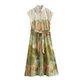 Spring Print Lapel Sleeveless Belt Dress 2183043-Outfit
