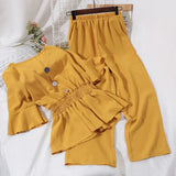 Neck Elastic Waist Ruffles Hem Blouse And High Waist Slim Wide Leg Pants Women