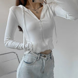 Street Style Zipper Up Slim Crop Tops Women Autumn New Thin Hooded Jacket Woman Korean Pocket Long Sleeve Shirt Mujer-Outfit