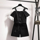 Summer Women Gothic Two Piece Sets Summer Sexy Safari Off Shoulder Zipper T Shirt Club Streetwear Shorts Female
