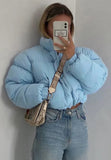 Winter Casual Blue Stand Collar Long Sleeve Short Padding