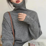 Woherb Lazy Wind Design Sense Buckle Pile Collar Loose Head Sweater Female Autumn Dong New Add Thick Warm Head Sweater-Outfit