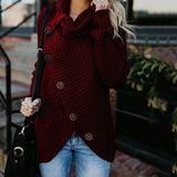 Turtleneck Knitted Sweaters Autumn Winter Solid Irregular Hem Long Sleeve Pullover Jumper Fashion Button Loose