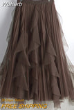 Women Beaded Petal Mid-length Ruffles Mesh Pleated Skirts Elegant High-waisted Fairy A-line Long Tulle Skirts QT1682-Outfit