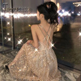 Sexy Backless Women Dress Summer Sequins Hollow Design Female Maxi