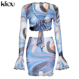 Kliou Bow Lace Print Sheath Sexy Women Two Piece Sets 2021 Flare Sleeve V-Neck Hot Female Mesh Ruched Clubwear
