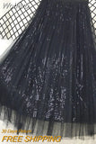 Women Korean Style Sequin Tulle A-line Skirt Vintage Elastic Waist Party Midi Mesh Skirt QT2199-Outfit