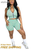 Print Short Tracksuit Women Sexy Zipper Sleeveless Crop Top + Shorts Skinny Sport Two Piece Set Summer Streetwear Y2K Set-Outfit