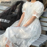 Long Fairy Dress Women Sweet Mesh Hollow Out Designer Vintage Dress 2021 Elegant Korean High Waist Party Floral Dress-Outfit